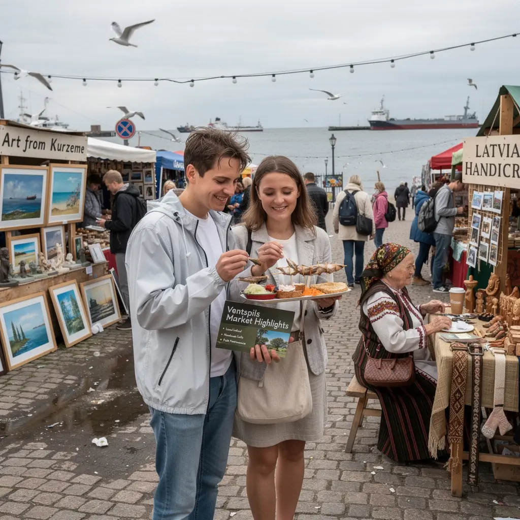 A family enjoying a picnic at a picturesque beach stop along the Latvia coastal drive, surrounded by sandy shores and blue skies.