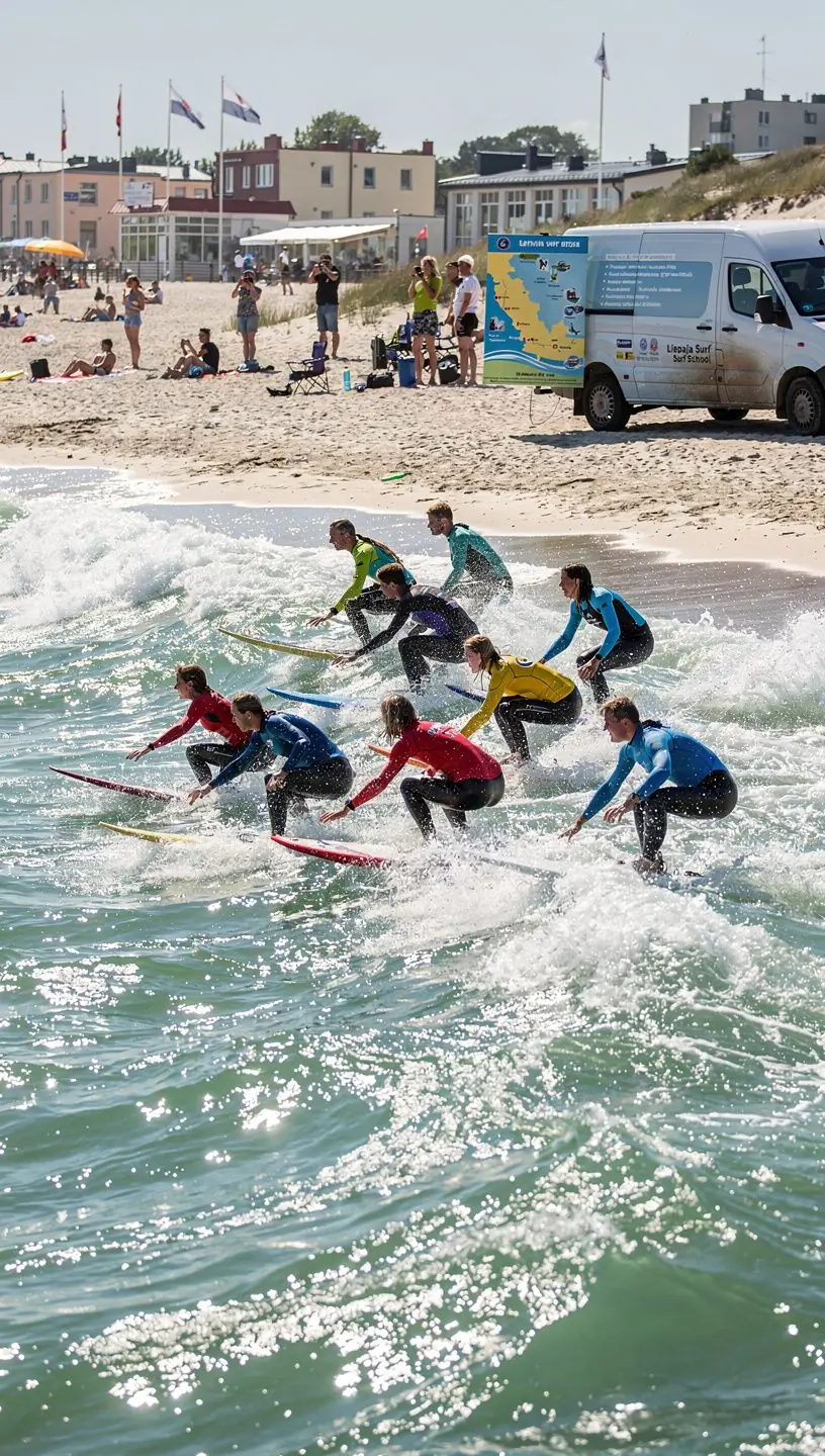An illustration of a travel route map highlighting key attractions and rental transport options along the Latvian coastline.